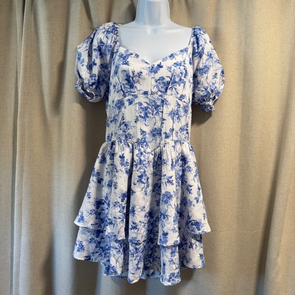 Pants - NWT Floral Mini Romper Blue White Puff Sleeve Corset Ruffle Tiered Cottagecore